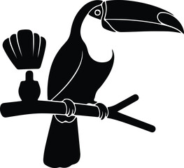 Naklejka premium Silhouette toucan bird perched on a branch with a shell design vector design