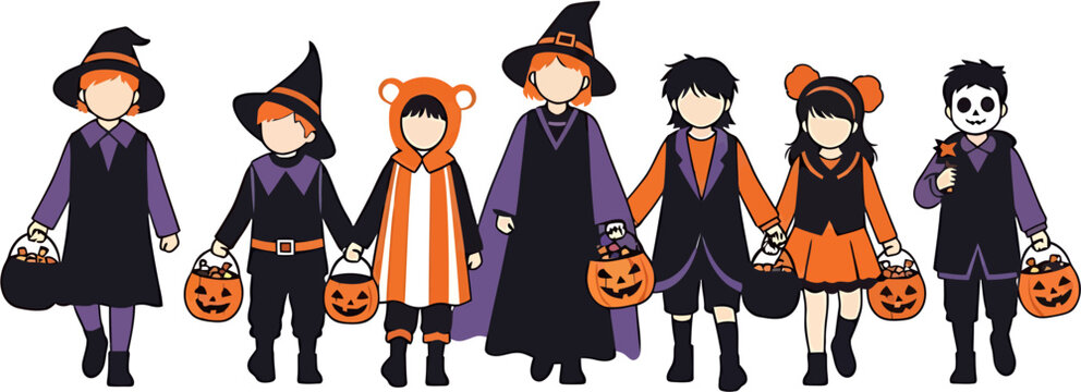 A cheerful group of diverse children dressed in creative Halloween costumes, holding hands and ready for trick-or-treating adventure, celebrating the spooky holiday together