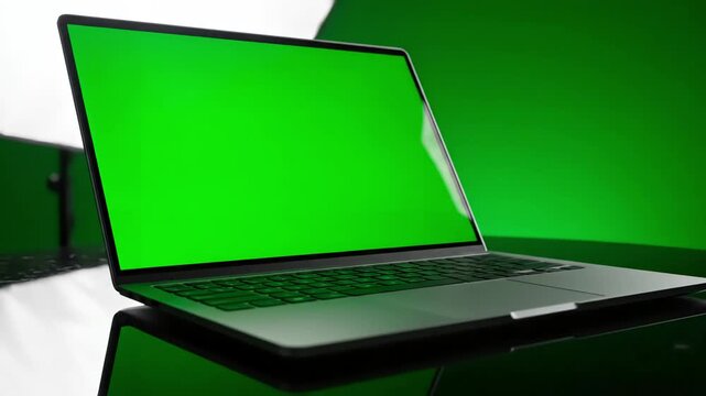 Green Screen laptop frameless camera rotation around the device video includes a luma matte mask and tracking layer 30fps 4k uhd scene 1 with distortion, overlay, glitch, static noise, scan lines on