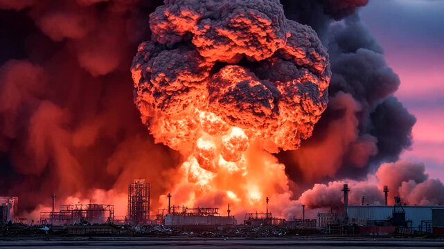 Massive Industrial Explosion and Fire Erupts at Night.