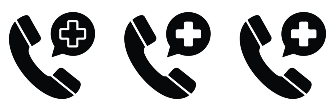 Emergency, medical phone call icon set featuring healthcare call symbols, urgent response, first aid, ambulance and medical assistance concept, modern flat vector