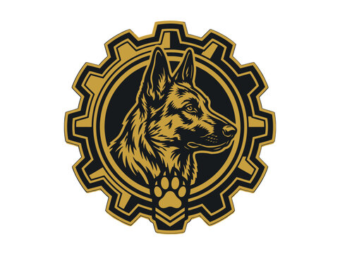 Tactical K9 German Shepherd logo emblem with industrial gear frame and paw print icon, mascot for security, canine training, and military services.
