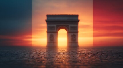 Fototapeta premium The Arc de Triomphe stands framed by a glowing sunset, casting warm hues over the textured cobblestone foreground.
