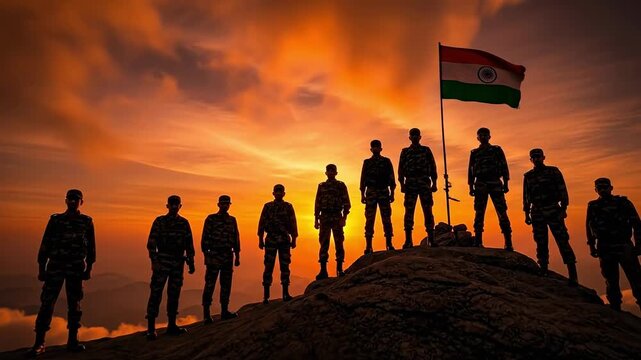 Silhouettes of Indian male soldiers guarding the border on a rocky hill at sunrise with flag