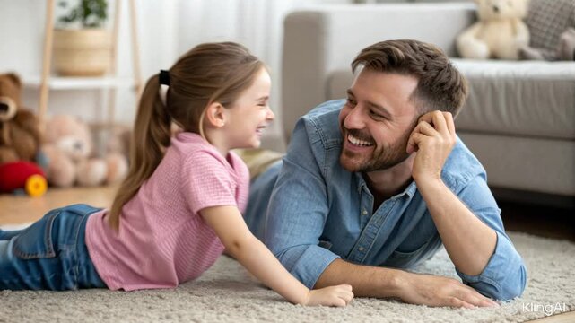 Playful daughter pinching cheerful father's cheeks on floor at home