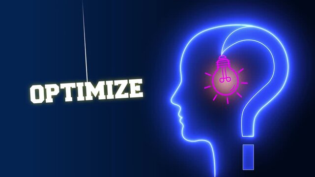 Optimize text sign swinging besides a glowing neon blue human head profile with a pink light bulb and question mark representing efficiency and creative mental improvement