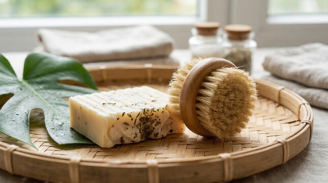Close-up of a white soap bar and wooden brush on a bamboo tray with green leaf, natural personal care concept perfect for skincare brand eco company or organic product
