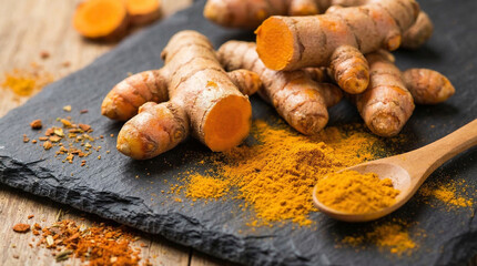 Macro photo of fresh turmeric root and golden powder on a dark stone surface, warm earthy tones perfect for health food brand supplement company or organic wellness brand