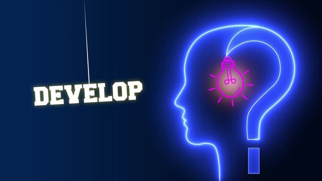 Develop text sign swinging besides a glowing neon blue human head profile with a pink light bulb and question mark for creative growth and project development