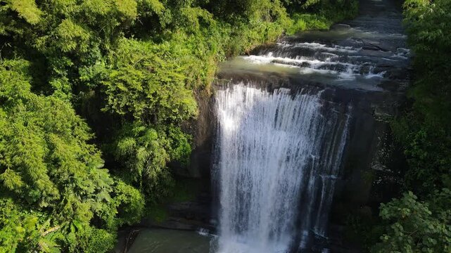 Drone View of Nangga Tiered Waterfall Hidden in Jungle, Central Java Indonesia