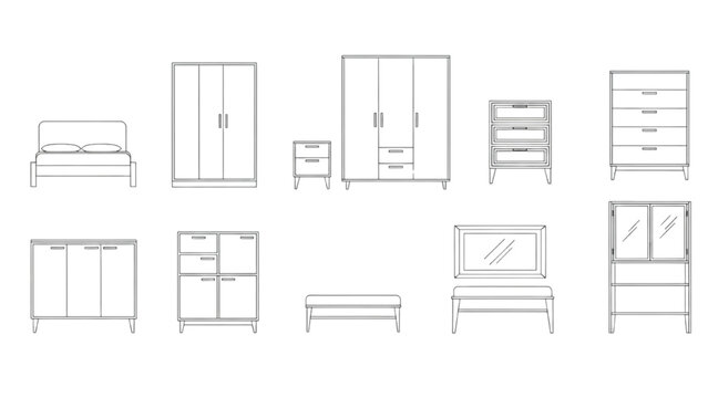 Bedroom Furniture Elevation Symbols Set, Bed Wardrobe Cabinet CAD Line Drawing Collection Vector