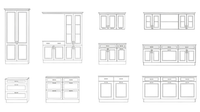 Various kitchen cabinet designs and layouts illustrated in a technical drawing from multiple viewpoints