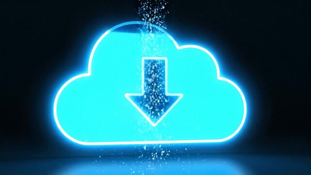 Digital cloud icon with download arrow and particles on dark background