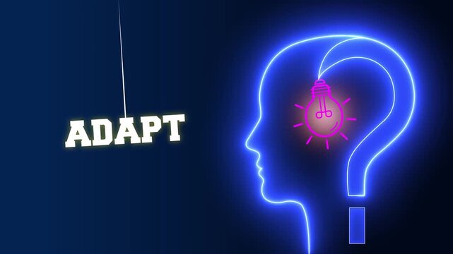 Adapt text sign swinging besides a glowing neon blue human head profile with a pink light bulb and question mark representing mental flexibility and creative adaptation