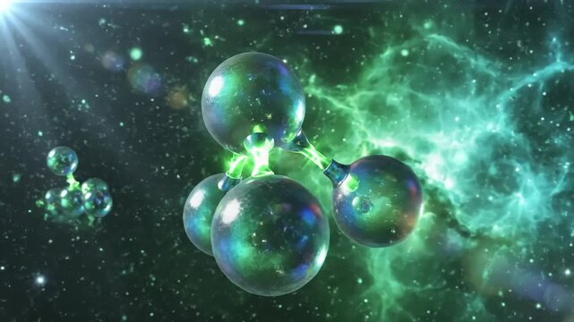 Green Screen opaque covalent bond between three ozone molecules o3 particles floating around in the layer scene 1 with distortion, overlay, glitch, static noise, scan lines on black background, 4k
