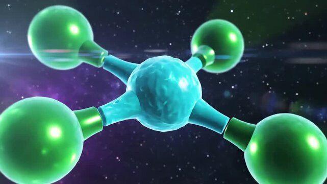 Green Screen opaque covalent bond between three ozone molecules o3 particles floating around in the layer scene 3 with distortion, overlay, glitch, static noise, scan lines on black background, 4k