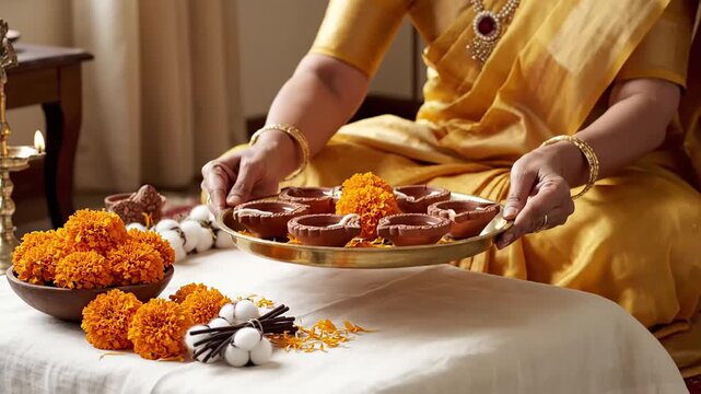 Woman preparing mahavir jayanti home prayer altar with oil lamps and marigolds