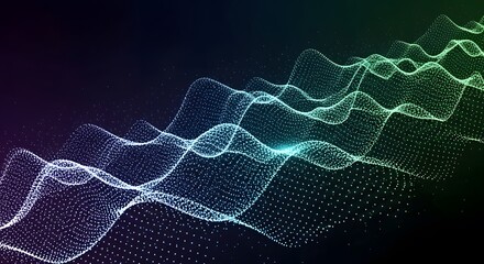 Naklejka premium Abstract flowing digital wave with particles on dark gradient background