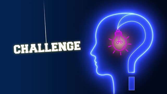 Challenge text sign swinging besides a glowing neon blue human head profile with a pink light bulb and question mark representing mental obstacles and creative problem solving