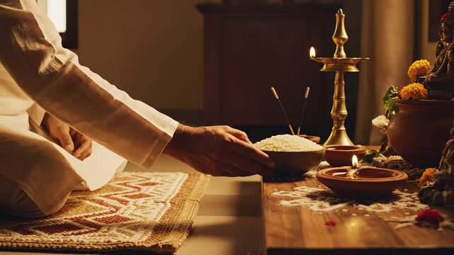Mahavir jayanti home prayer preparation, family ritual decorating small altar with oil lamps