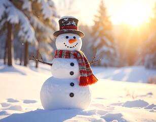 Obraz premium A jolly snowman stands tall in a snowy forest, adorned with a hat and scarf, sunlight shining