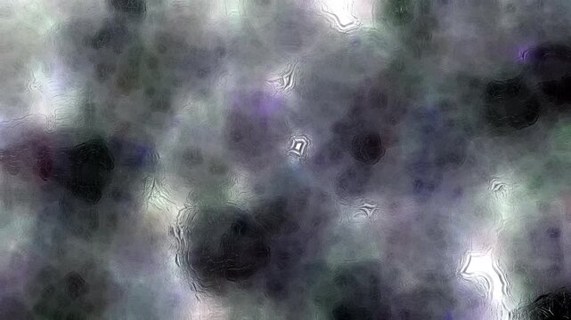 Abstract stained glass texture with dark colorful tones and soft light diffusion. Distorted glass surface creates organic patterns and blurred shapes moving slowly in dynamic motion.