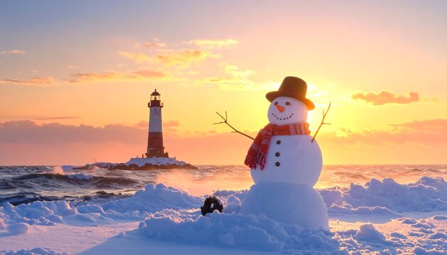 A jolly snowman stands on a snowy beach, a lighthouse in the distance, bathed in the warm glow of a winter sunset