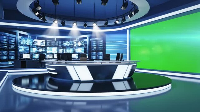 Green Screen tv studio news room background blue newsroom bakground control backdrop for any or chroma key video production blurred of at station loop 3d rendering scene 1 with distortion, overlay