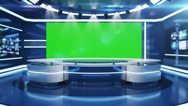 Green Screen tv studio news room background blue newsroom bakground control backdrop for any or chroma key video production blurred of at station loop 3d rendering scene 3 with distortion, overlay