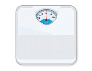 A flat-lay illustration of a white, square-shaped weight measurement device with a blue dial. It features an analog display