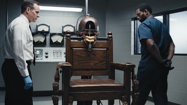 Two Men Inspecting Old Wooden Execution Chair with Attached Headgear in Sterile Correctional Facility Setting