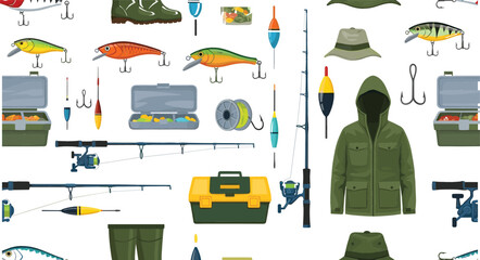 Fishing Gear and Angling Equipment Vector Set with Rods, Lures, Hooks, Tackle Boxes, Fisherman Jacket and Outdoor Fishing Tools © Jahangir