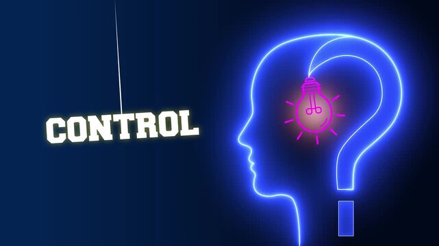 Control text sign swinging besides a glowing neon blue human head profile with a pink light bulb and question mark representing mental discipline and creative power