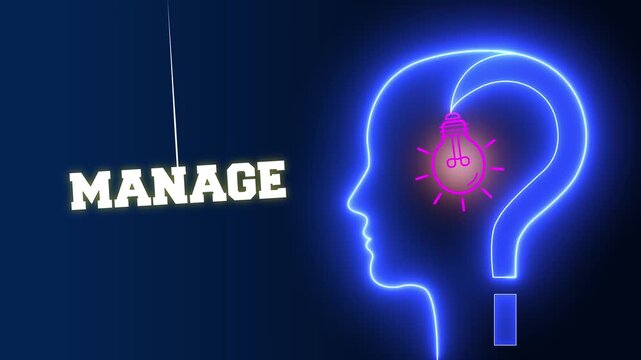 Manage text sign swinging besides a glowing neon blue human head profile with a pink light bulb and question mark representing creative leadership and mental organization