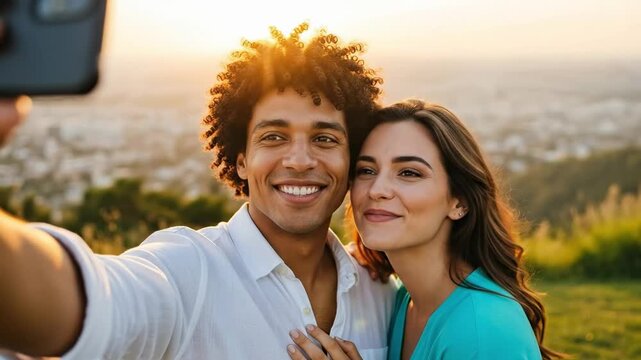 Smiling multicultural couple travel vloggers taking selfie at golden hour