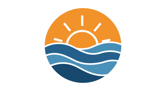 Flat design sun and ocean waves circular logo icon