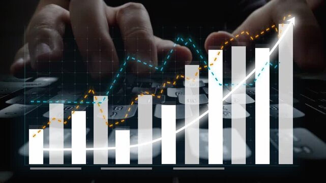 Close-up of hands typing on a keyboard, with dynamic financial graphs and charts overlaying, symbolizing data analysis and business growth trends. Copula