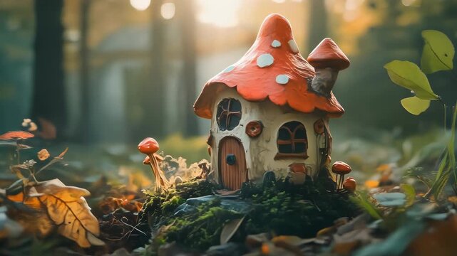 Whimsical mushroom house sits amidst moss, leaves, and mushrooms, evoking a fantasy realm