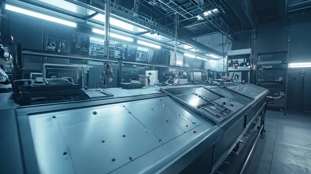 Empty high-tech control room with a robotic arm, computer workstation, and industrial equipment