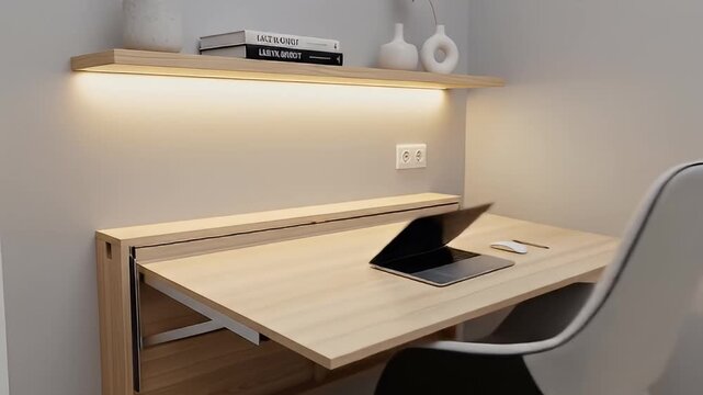 Modern minimalist home office setup with a sleek desk, laptop, and decorative elements