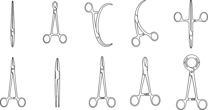 Surgical Instruments Line Art Vector Set with Medical Forceps, Scissors and Surgical Tools Healthcare Illustration