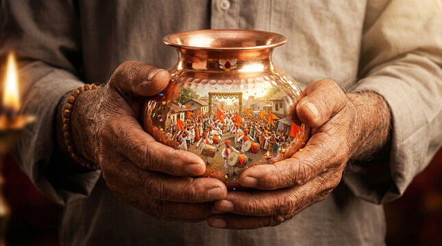 Senior hands holding copper kalash with miniature Indian festival