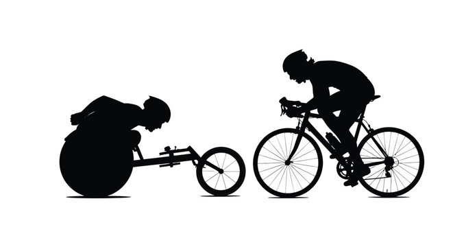 Para cycling silhouette of athlete in racing wheelchair and cyclist competing