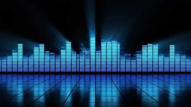 Dynamic blue audio equalizer bars with light rays reflecting on a dark surface, representing sound and music.