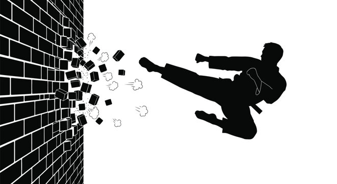 Martial Arts Fighter Breaking Brick Wall with Powerful Flying Kick Silhouette