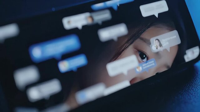 A woman's eye reflects on a phone screen with endless social media notifications. Abstract concept of cyberbullying, online harassment and digital anxiety