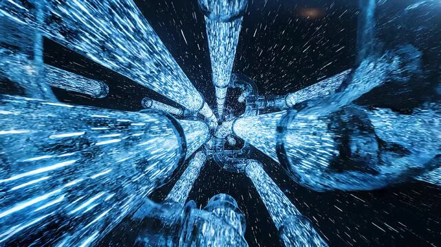 Abstract blue light speed tunnel in deep space, representing warp drive or hyperspace travel through a futuristic wormhole.
