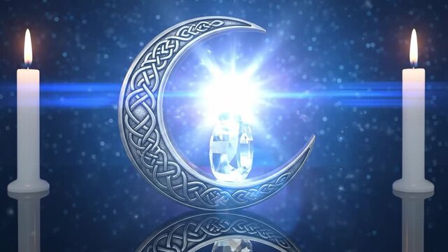 Celtic Silver Crescent Moon with Crystal Number Eight and Lit Candles for International Womens Day