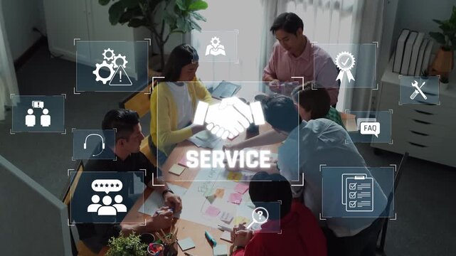 A diverse group of professionals engages in a collaborative meeting to discuss service strategies. Visual icons highlight communication, support, and innovative ideas. Raster
