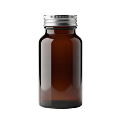 Unlabeled cylindrical dark amber glass medicine bottle with a brushed aluminum cap on a transparent studio background with soft shadows concept of purity